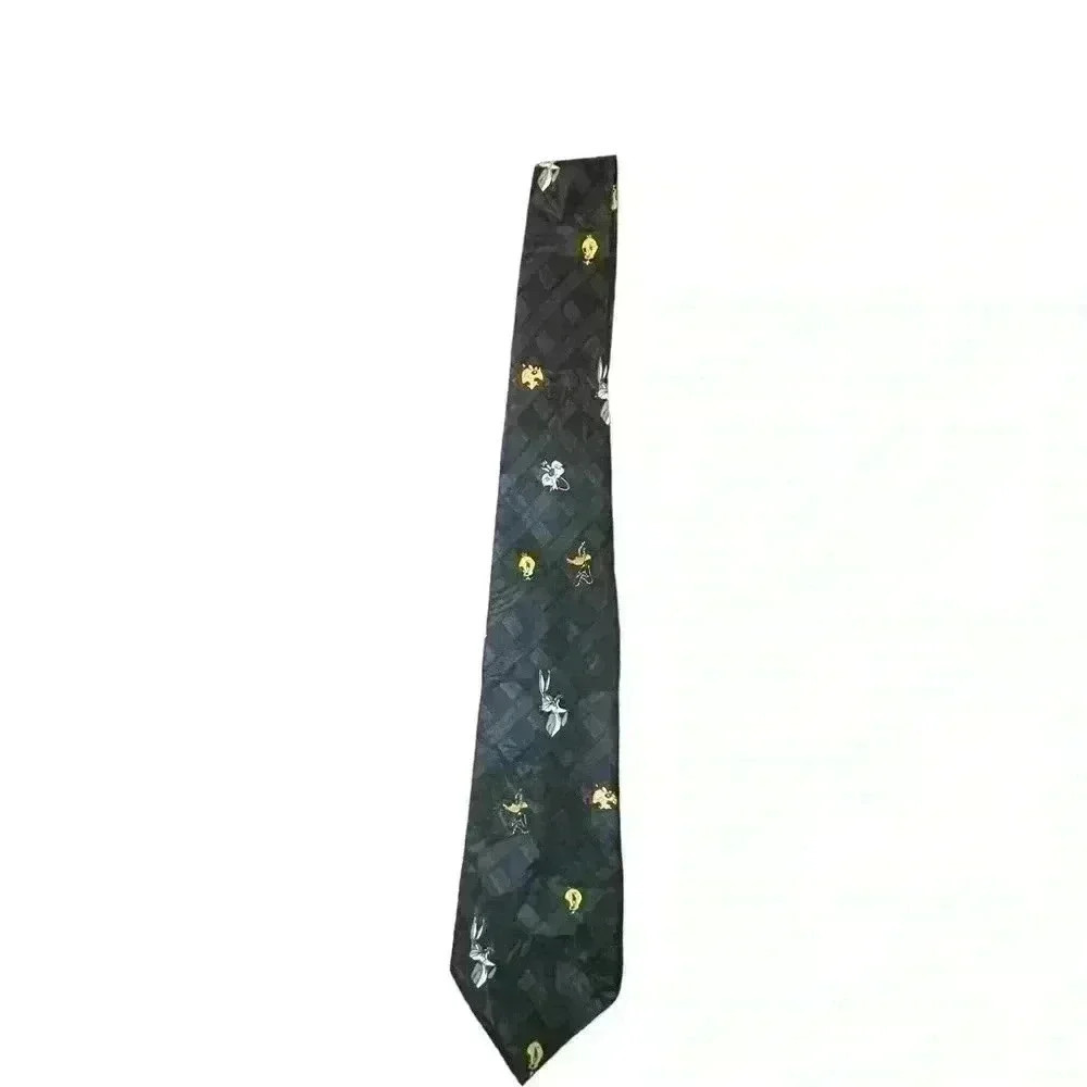 Looney Tunes navy and green basket weave pattern with character necktie